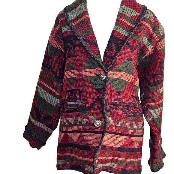 Vintage 80s Eddie Bauer Jacket Coat Womens Size XS Red Wool Aztec Southwestern - Picture 1 of 6